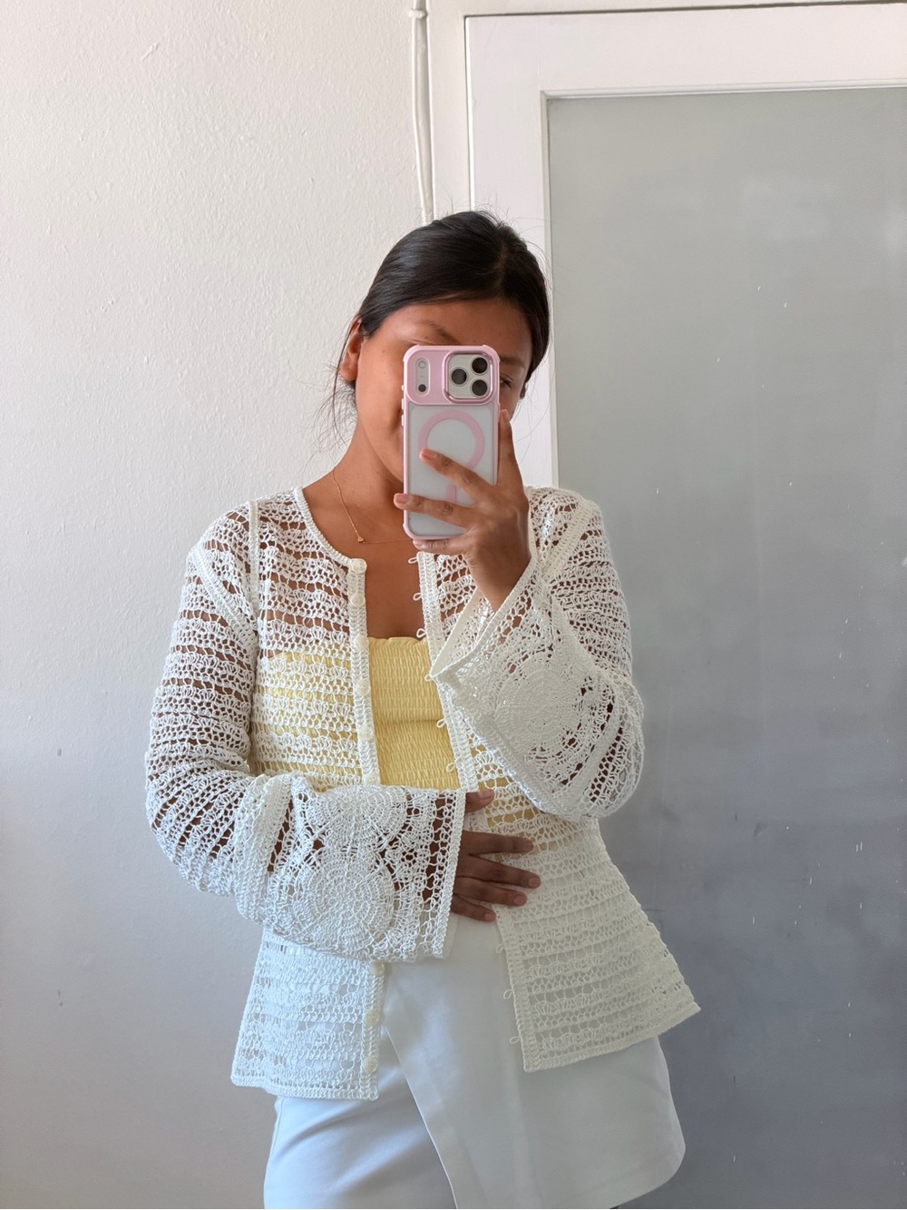 H&M White Crochet Button-Front Cardigan
